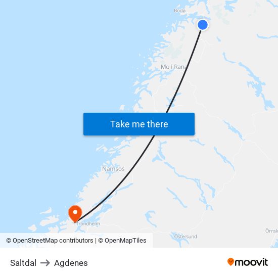 Saltdal to Agdenes map