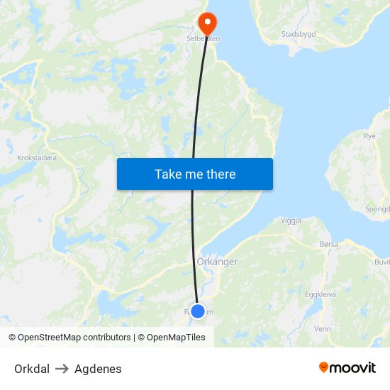 Orkdal to Agdenes map