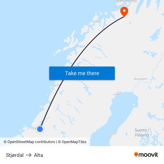 Stjørdal to Alta map