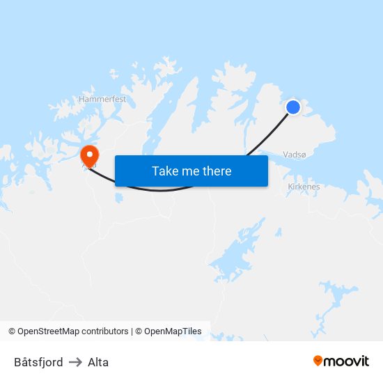 Båtsfjord to Alta map