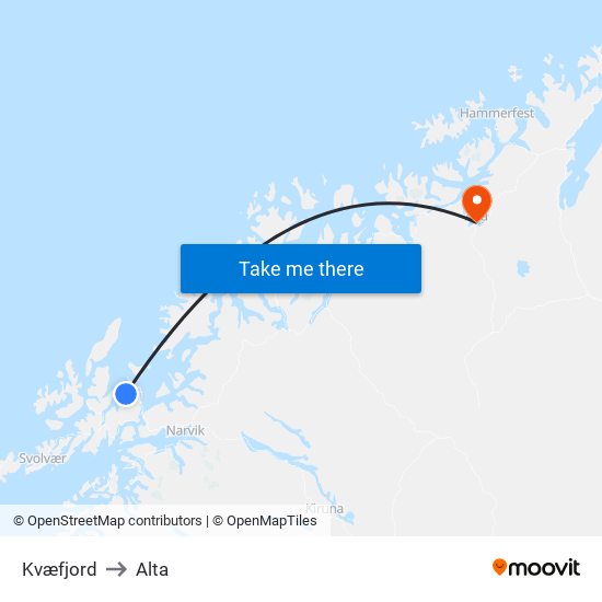 Kvæfjord to Alta map