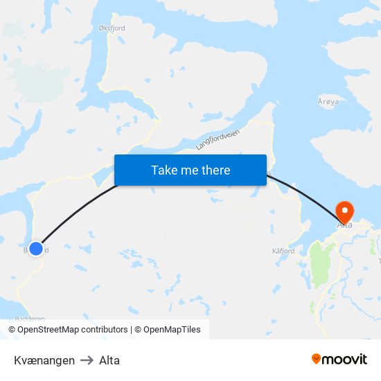 Kvænangen to Alta map