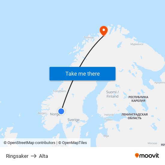 Ringsaker to Alta map