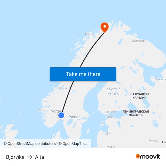 Bjørvika to Alta map