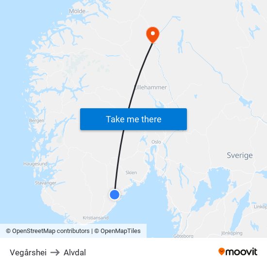 Vegårshei to Alvdal map