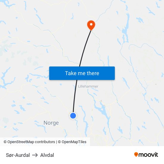 Sør-Aurdal to Alvdal map