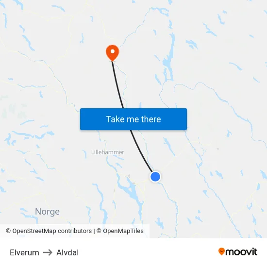 Elverum to Alvdal map