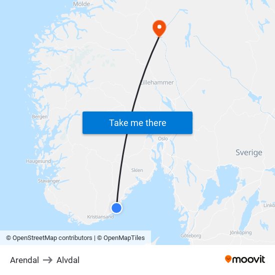 Arendal to Alvdal map