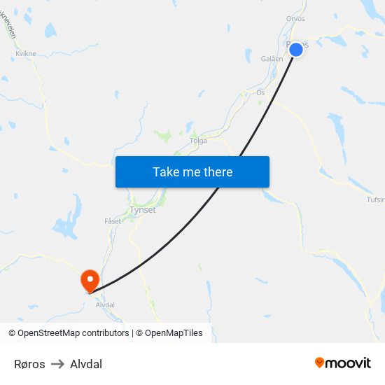 Røros to Alvdal map