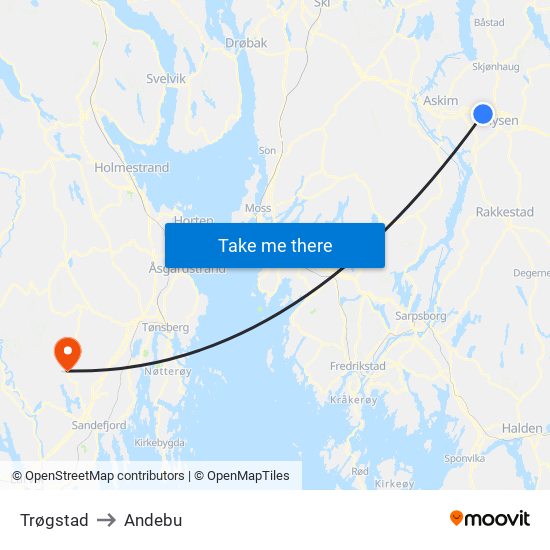 Trøgstad to Andebu map