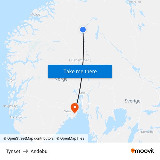 Tynset to Andebu map