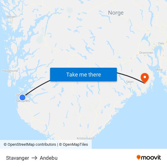 Stavanger to Andebu map