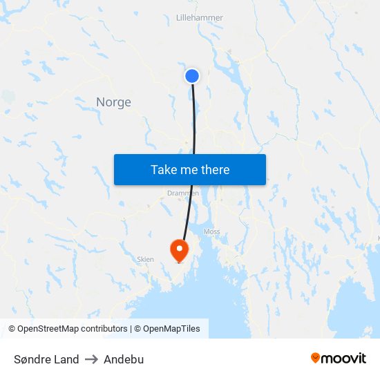 Søndre Land to Andebu map