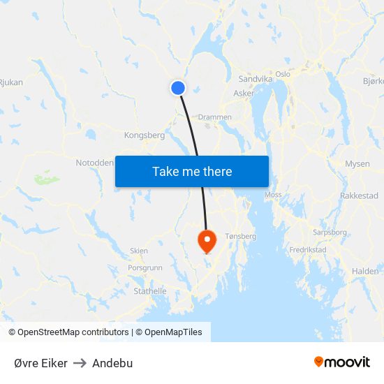 Øvre Eiker to Andebu map