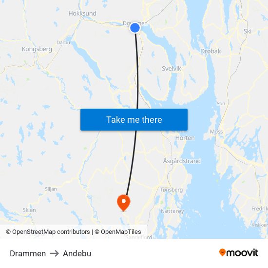 Drammen to Andebu map
