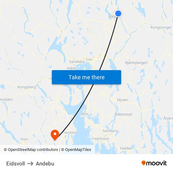 Eidsvoll to Andebu map