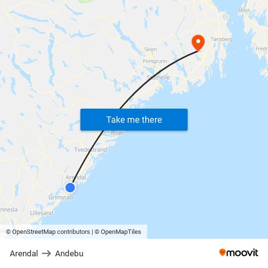 Arendal to Andebu map