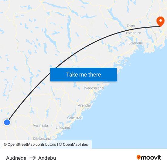 Audnedal to Andebu map