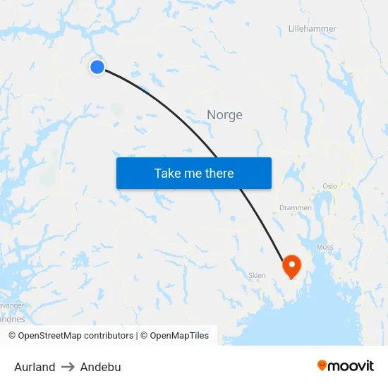 Aurland to Andebu map