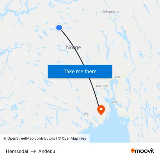 Hemsedal to Andebu map