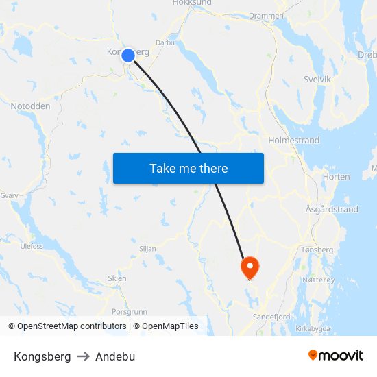 Kongsberg to Andebu map