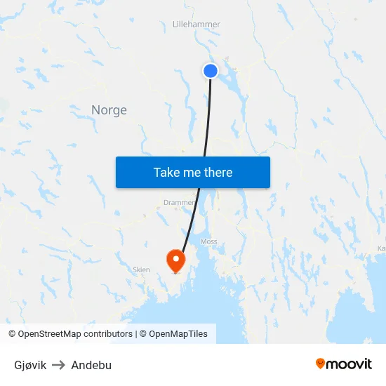 Gjøvik to Andebu map