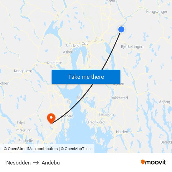 Nesodden to Andebu map