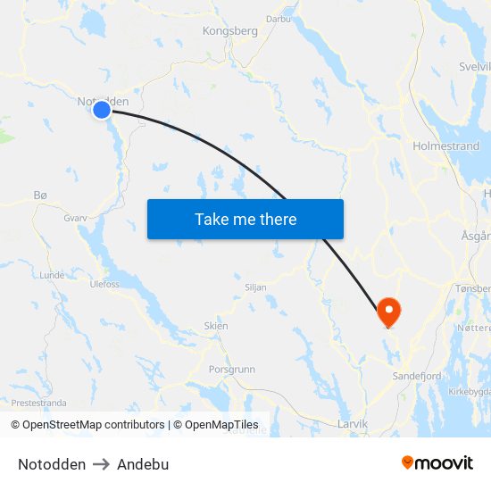 Notodden to Andebu map