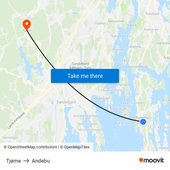 Tjøme to Andebu map