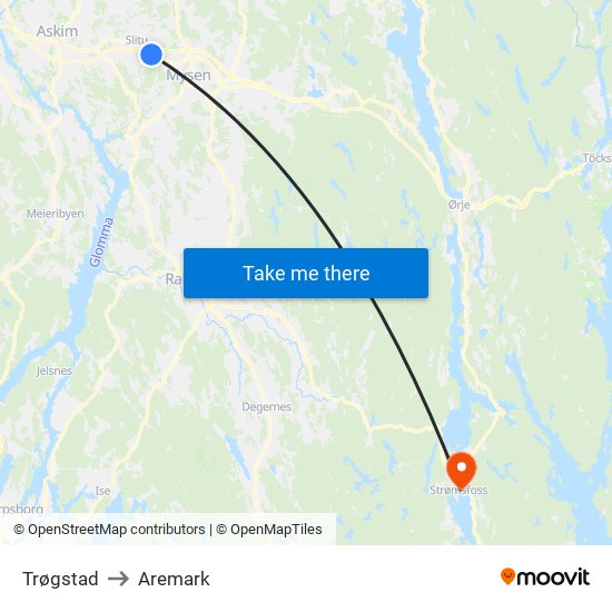 Trøgstad to Aremark map