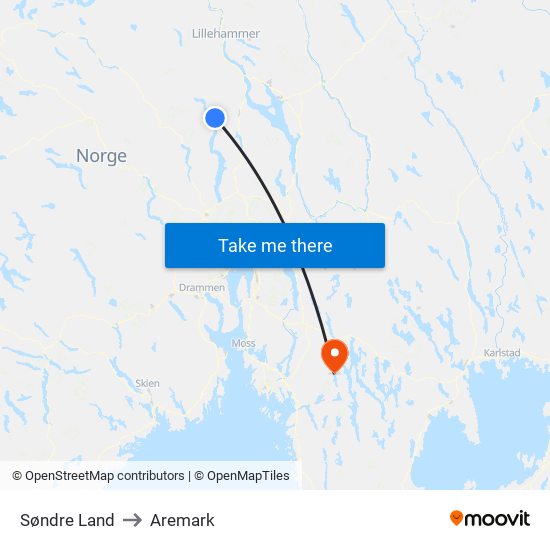 Søndre Land to Aremark map