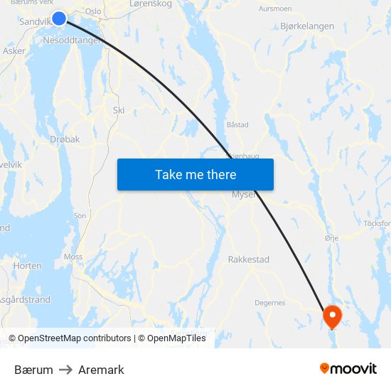 Bærum to Aremark map