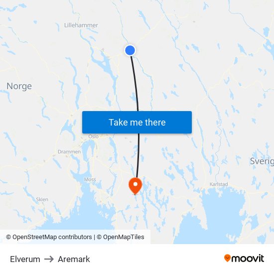 Elverum to Aremark map