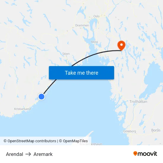 Arendal to Aremark map