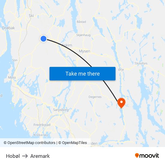 Hobøl to Aremark map