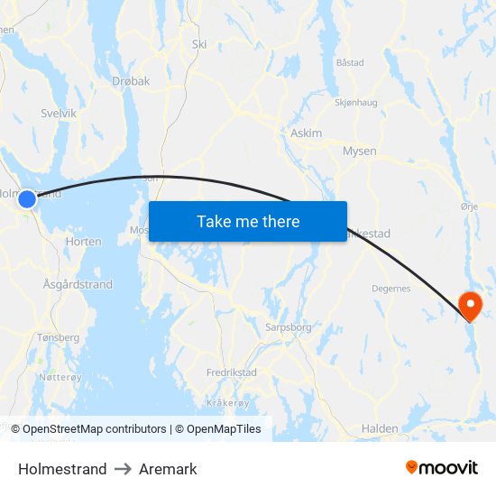 Holmestrand to Aremark map