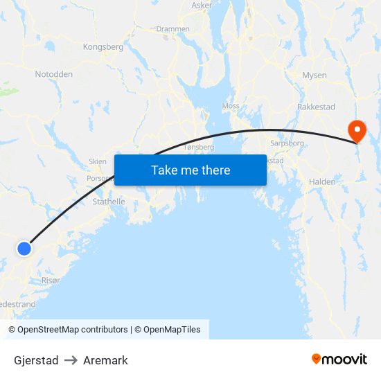 Gjerstad to Aremark map