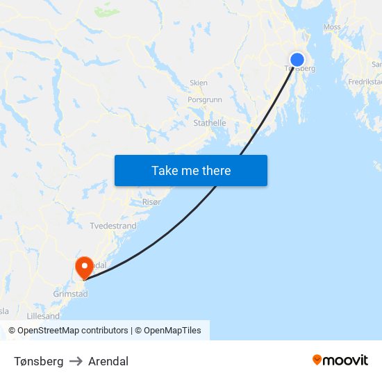 Tønsberg to Arendal map