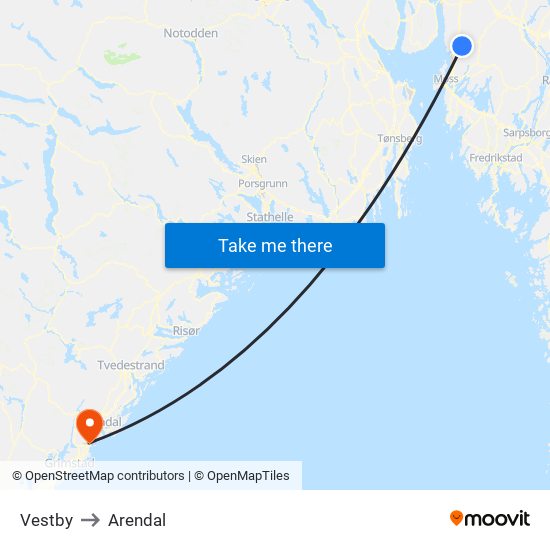 Vestby to Arendal map