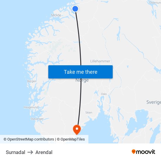 Surnadal to Arendal map