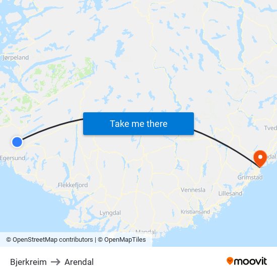 Bjerkreim to Arendal map