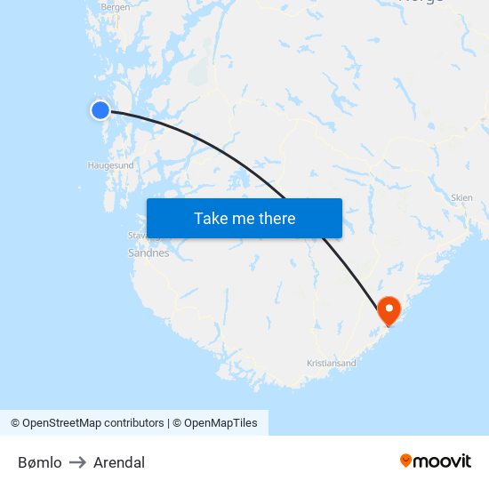 Bømlo to Arendal map