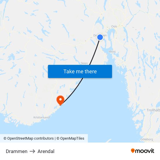 Drammen to Arendal map