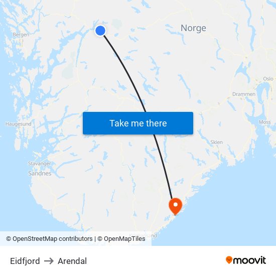 Eidfjord to Arendal map