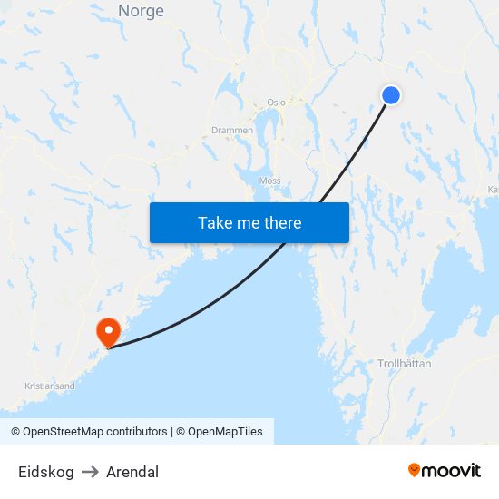 Eidskog to Arendal map