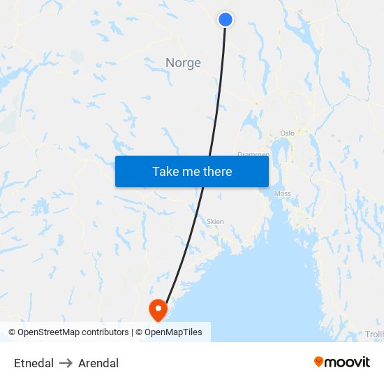 Etnedal to Arendal map