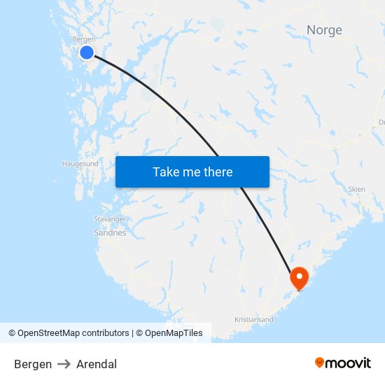 Bergen to Arendal map