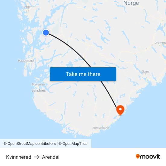 Kvinnherad to Arendal map