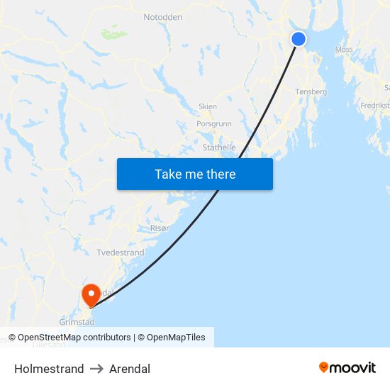 Holmestrand to Arendal map