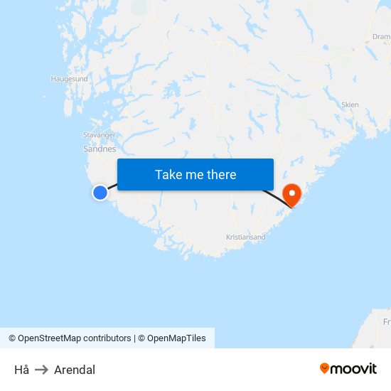 Hå to Arendal map